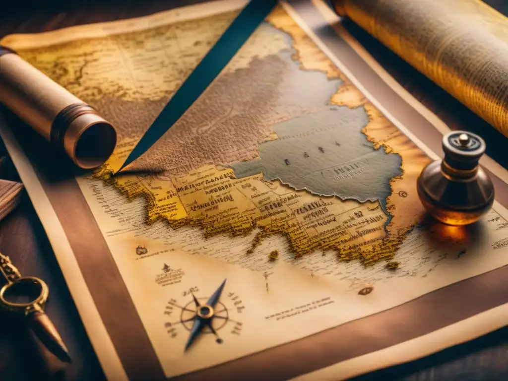 Cartógrafo ancestral trazando detallado mapa en pergamino antiguo Detallada imagen 8k de cartógrafo antiguo trazando mapa en pergamino rodeado de herramientas de cartografía en sepia