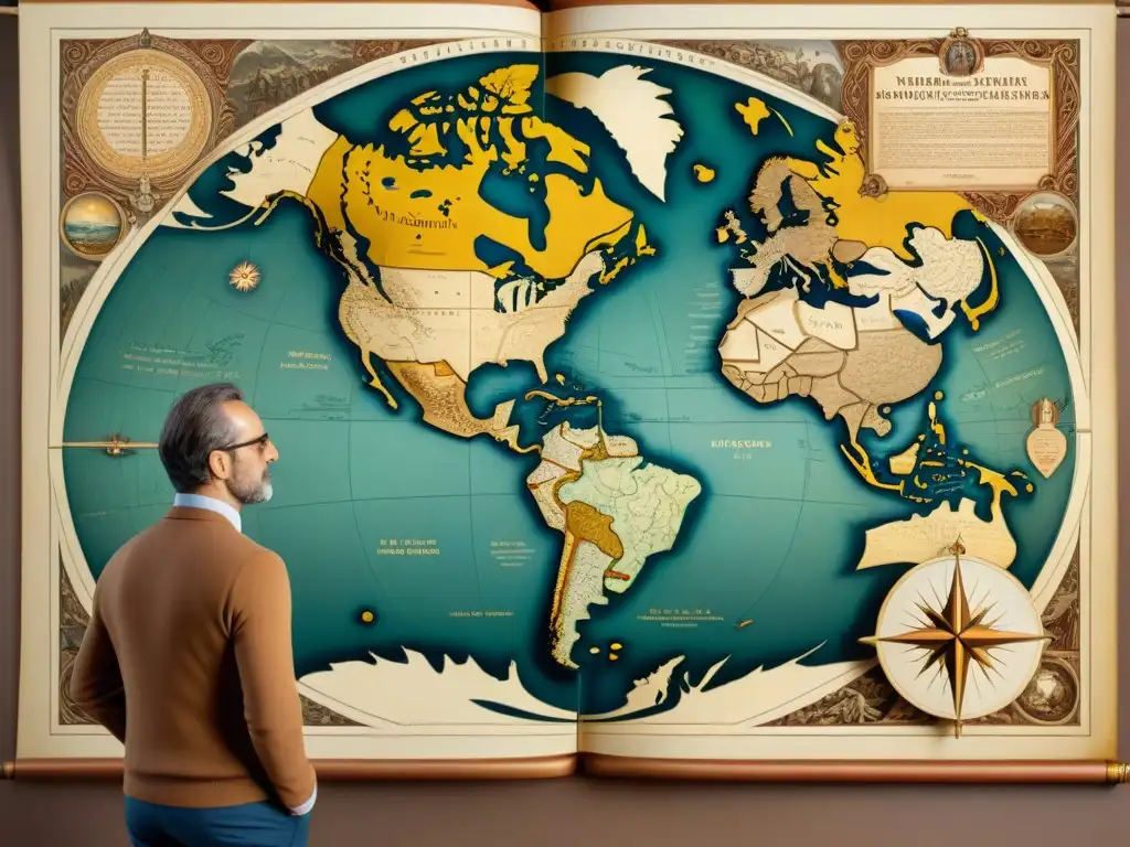 Influential cartographers: una ilustración detallada en sepia Ilustración detallada en sepia de influyentes cartógrafos de diferentes épocas alrededor de un antiguo mapa, mostrando la evolución cartográfica