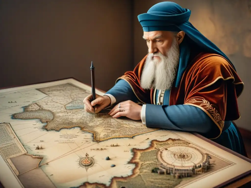 Ilustración detallada en sepia de Leonardo da Vinci elaborando un mapa militar, rodeado de herramientas cartográficas