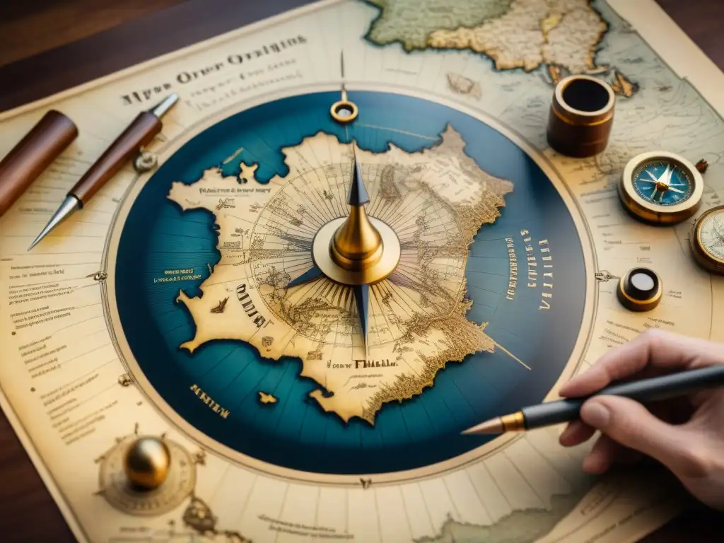 Detallada ilustración sepia de Abraham Ortelius creando un mapa rodeado de herramientas de cartografía antigua