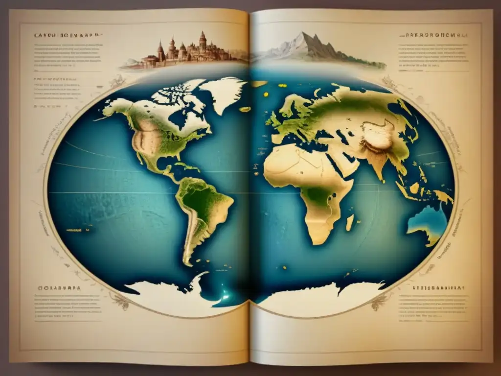 Ilustración detallada en sepia de la evolución de la cartografía, desde mapas antiguos a modernos