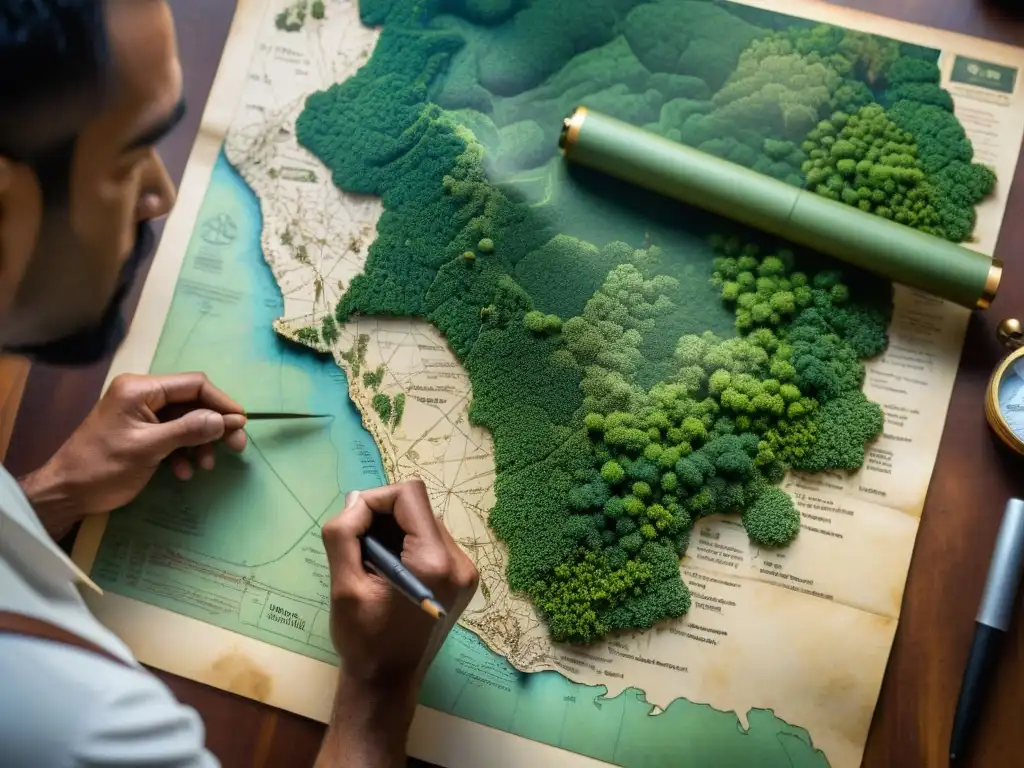 Esteban Martín dibuja la detallada Cartografía del Amazonas evolución histórica en pergamino rodeado de herramientas antiguas de cartografía