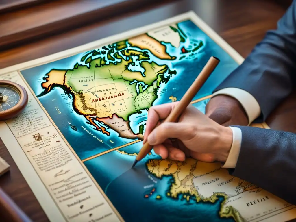 Ilustración detallada en sepia de Abraham Ortelius dibujando el primer atlas moderno, rodeado de mapas antiguos y herramientas de navegación en un estudio renacentista