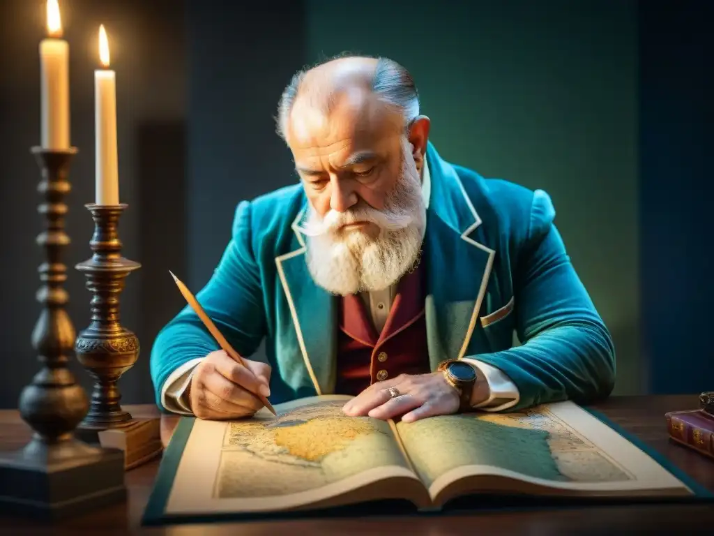 Ilustración detallada en sepia de Abraham Ortelius trazando el primer atlas moderno en una habitación académica iluminada por una vela, rodeado de mapas antiguos y globos celestes, capturando la esencia de la evolución cartográfica en mapas digitales