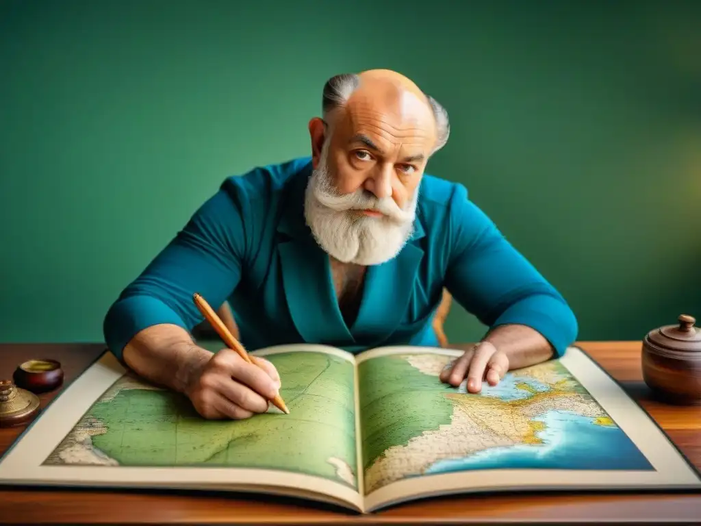 Detallada ilustración sepia de Abraham Ortelius dibujando el primer atlas mundial, rodeado de mapas antiguos y herramientas de navegación, capturando la esencia de la evolución histórica de la cartografía y la fusión de culturas a través de mapas