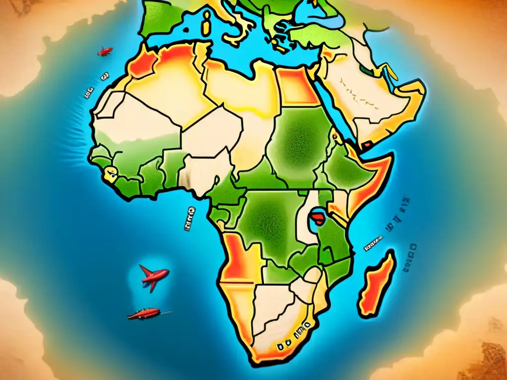 Una detallada representación cartográfica de África en sepia del siglo XVI, con costas, ríos, cordilleras, rosas de los vientos y criaturas marinas