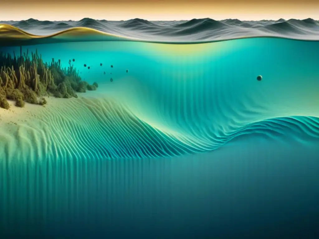 Ilustración detallada en sepia: comparación Sonar vs LIDAR mapeando terreno submarino