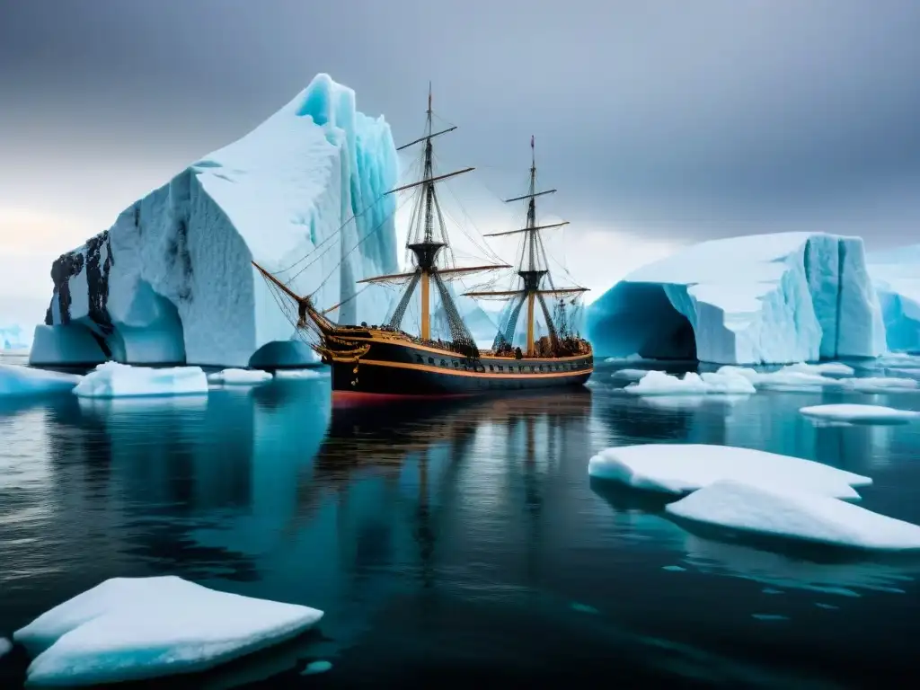 Ilustración detallada en sepia de la tragedia de la Expedición Franklin en el Ártico, con los barcos atrapados entre glaciares