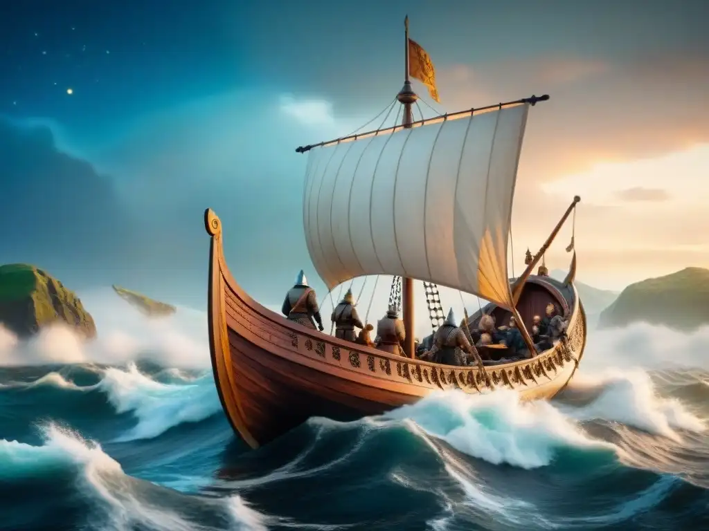 Ilustración detallada en sepia de un drakkar vikingo en aguas turbulentas bajo un cielo estrellado, con la silueta de la costa norteamericana al fondo