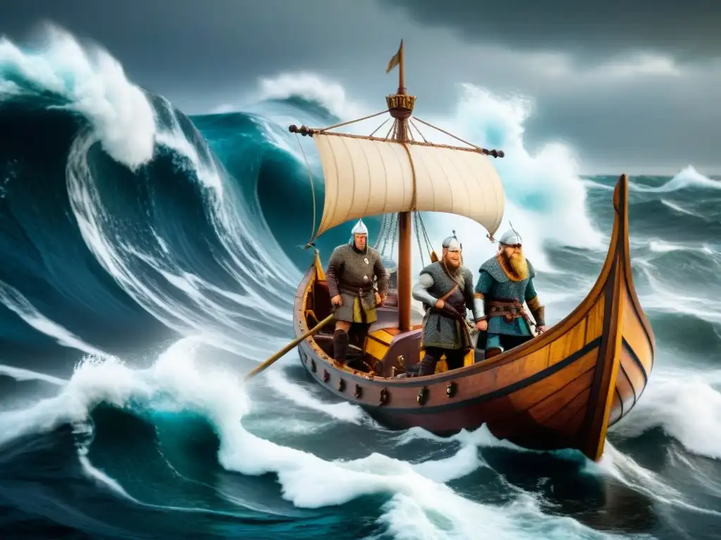 Épicos navegantes vikingos en tormentoso mar del norte Ilustración detallada en sepia de vikingos navegando el norte en tormenta, utilizando técnicas cartográficas