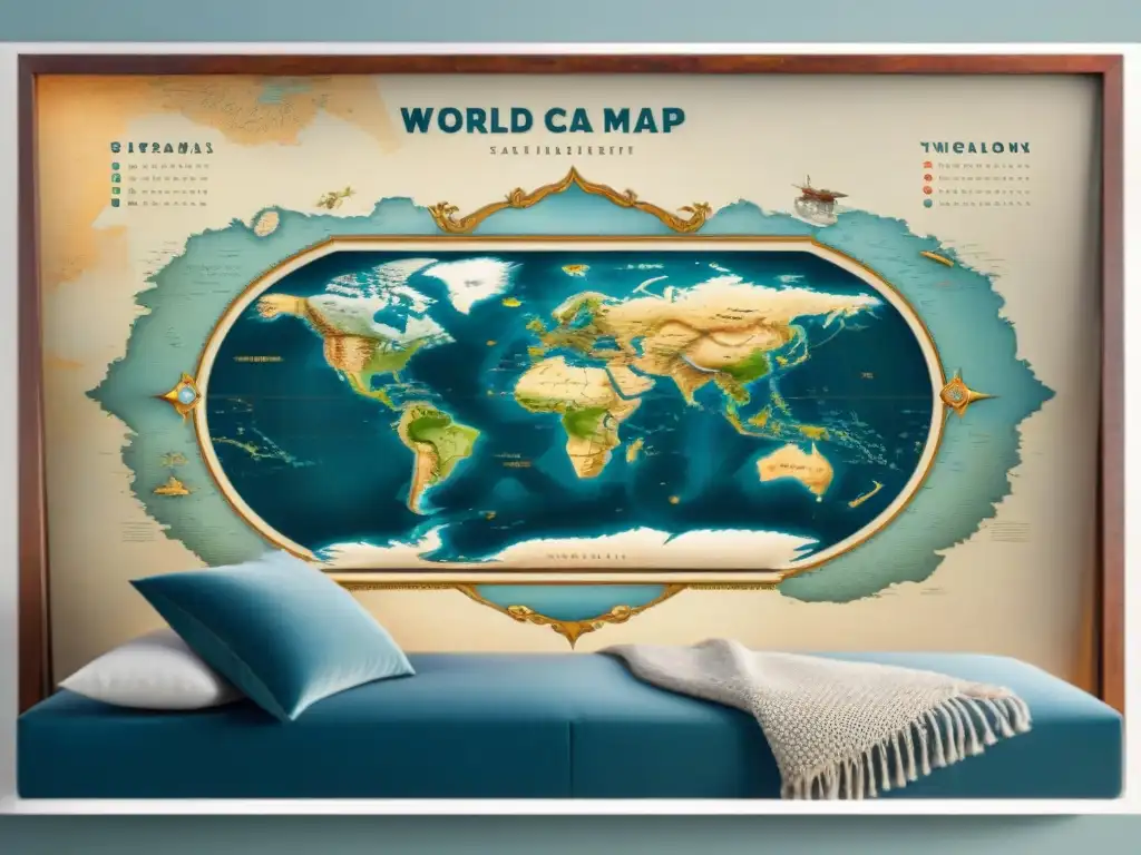 Póster detallado de mapamundi vintage en sepia con encanto clásico Detallado póster sepia de un antiguo mapa mundial con toques cartográficos clásicos y un aire nostálgico, ideal para decoración moderna