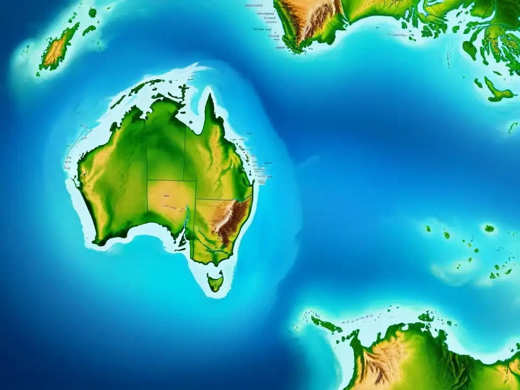 Detallado mapa sepia de Oceanía, mostrando evolución cartográfica desde Abel Tasman hasta hoy