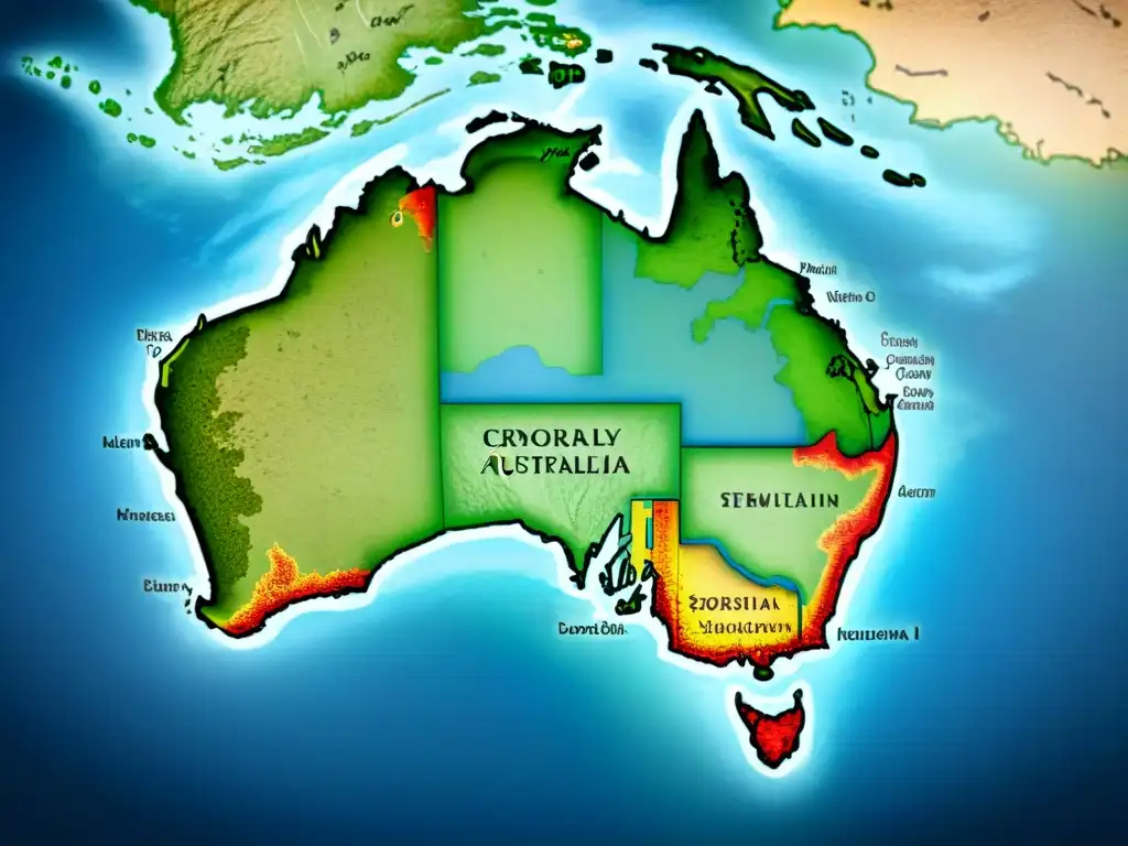 Detallado mapa sepia de la evolución cartografía Australia Nueva Zelanda