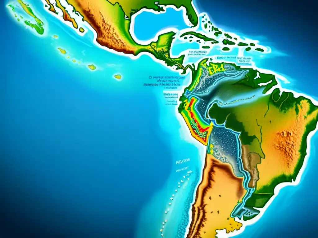 Detallado mapa sepia de América Latina precolombina con representación de agua y criaturas marinas