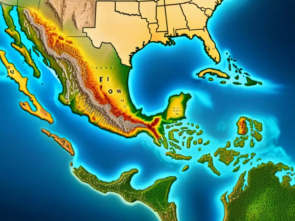 Detallado mapa sepia de la antigua Mesoamérica con ciudades, rutas comerciales y símbolos cartográficos precolombinos