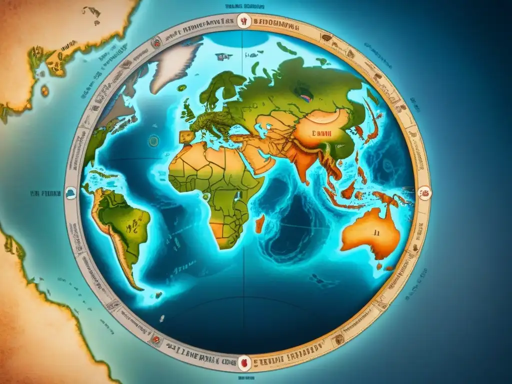 Detallado mapa sepia: evolución de cartografía antigua con rosas de los vientos, monstruos marinos y tierras míticas