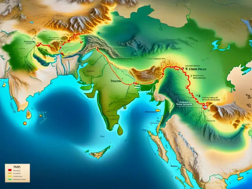 Detallado mapa sepia de la antigua Ruta de la Seda, influenciado por la cartografía medieval de Marco Polo