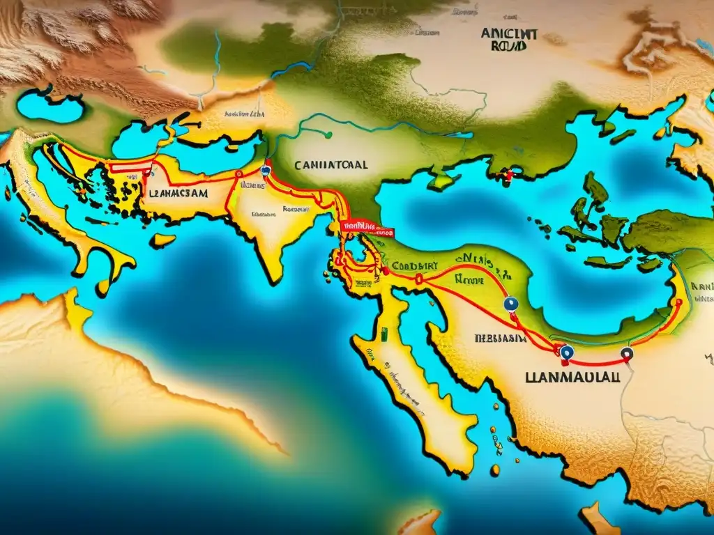 Un detallado mapa sepia de la antigua Ruta de la Seda, con caravanas, camellos y mercaderes