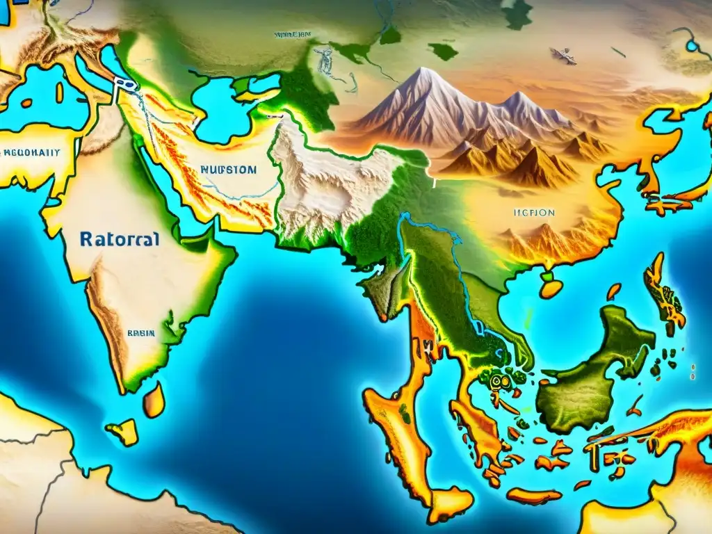 Un detallado mapa en sepia de la antigua Ruta de la Seda en Asia, con ciudades, puntos de comercio y caravanas