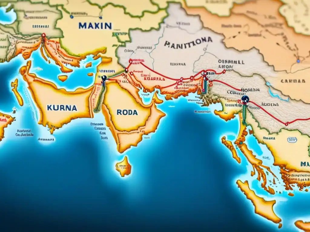 Un detallado mapa sepia de la antigua Ruta de la Seda, con ilustraciones de camellos y caravanas, evocando la evolución cartográfica de mapas antiguos