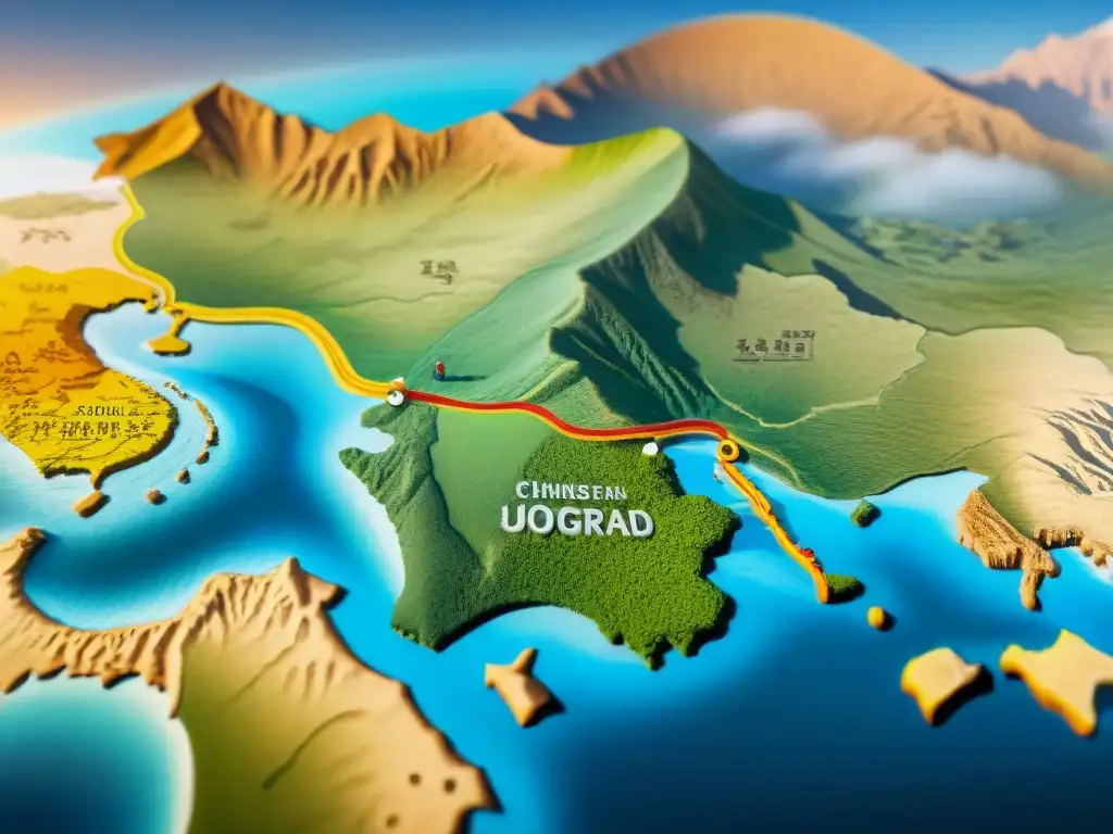 Detallado mapa sepia de la antigua Ruta de la Seda, fusionando estilos cartográficos chino y occidental