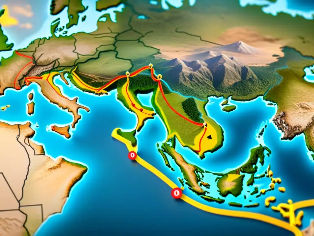 Detallado mapa sepia de las antiguas Rutas de la Seda, con redes de comercio resaltadas y ciudades clave