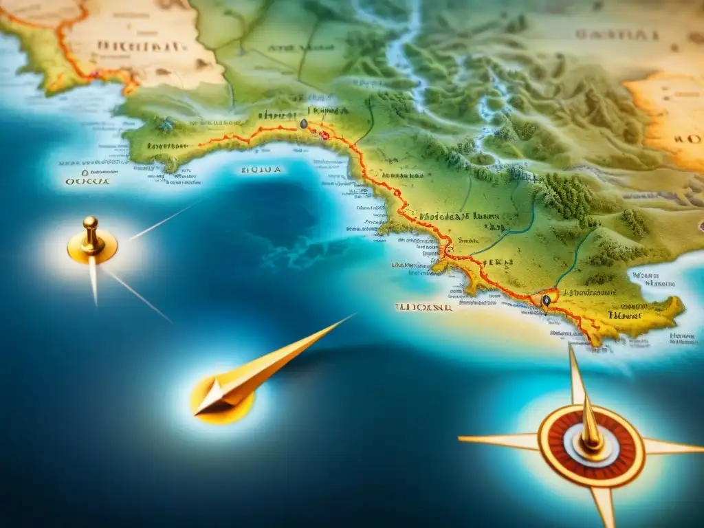 Detallado mapa antiguo en sepia con brújulas y pergaminos, evocando misterio y historia para análisis geoespacial