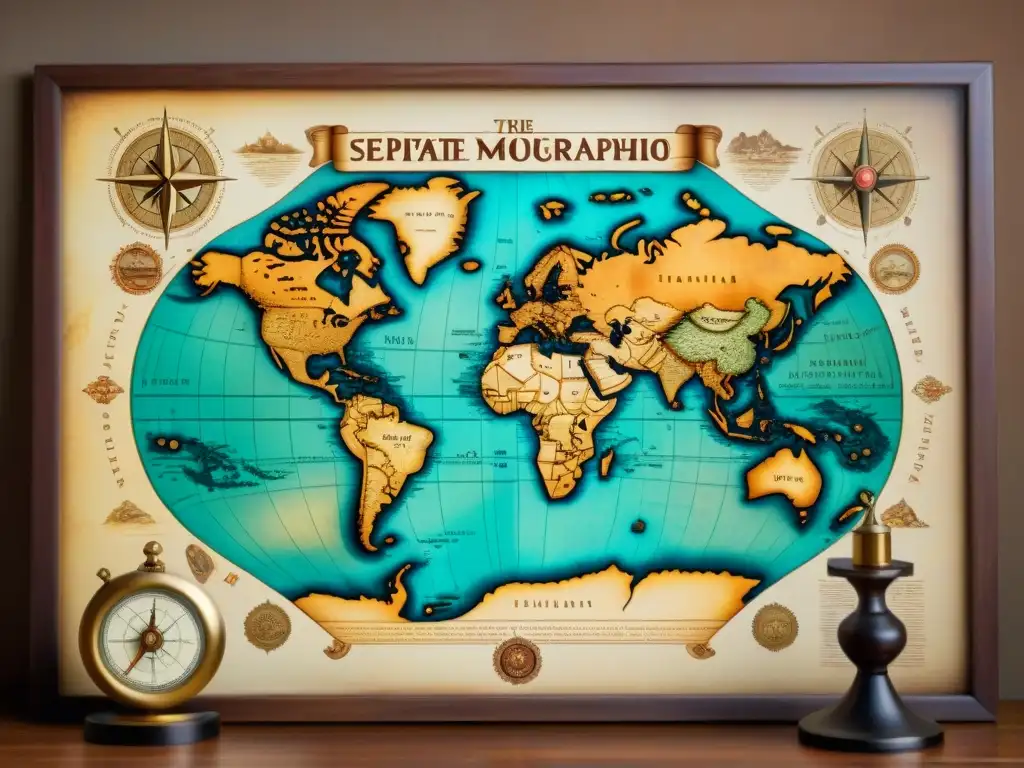 Mapa antiguo detallado: monstruos marinos y brújulas vintage Detallado mapa antiguo en sepia sobre mesa de madera, rodeado de instrumentos de navegación vintage