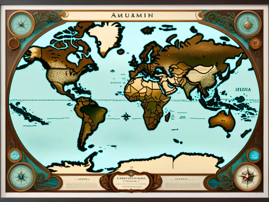 Un detallado mapa antiguo de los océanos del mundo, con criaturas marinas, barcos y rosas de los vientos, en tonos sepia