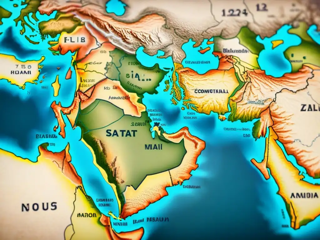 Detallado mapa antiguo del Medio Oriente en sepia, con marcas de comercio y ciudades, evocando la evolución cartográfica