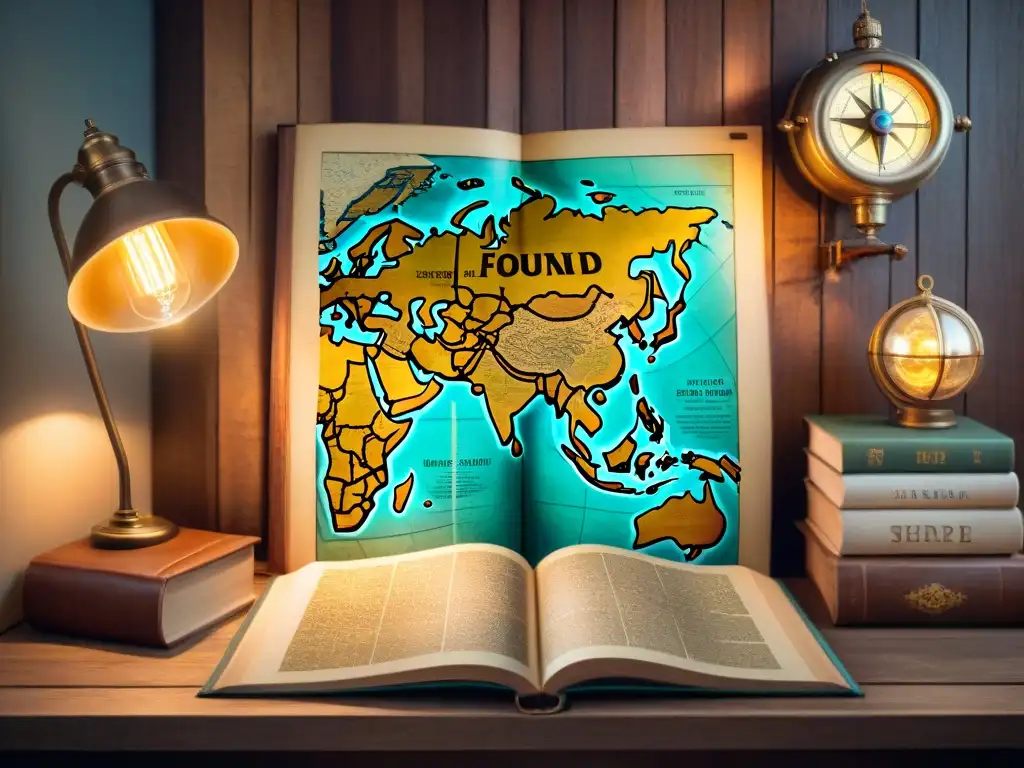 Mapa antiguo y libros: un viaje misterioso entre letras doradas Detallado mapa antiguo rodeado de libros viejos, iluminado por una lámpara antigua