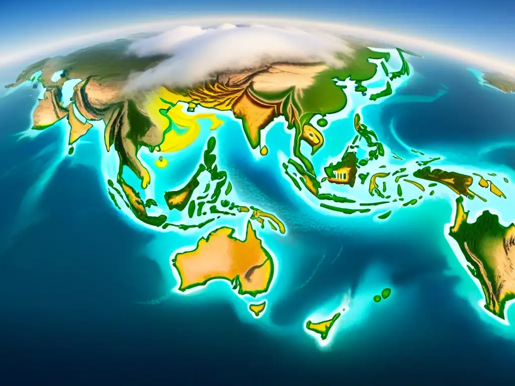 Detallado mapa antiguo en sepia de rutas comerciales entre Oceanía, Asia y las Américas