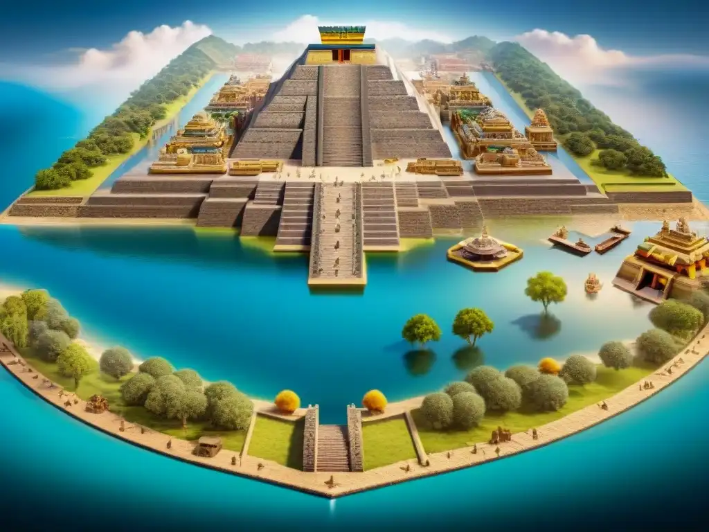 Detallado mapa sepia de Tenochtitlan, capital azteca, con templos, canales y mercados