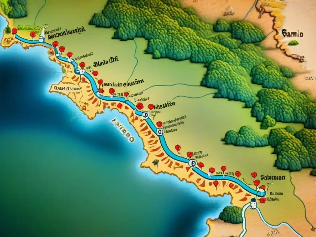 Un detallado mapa sepia del Camino de Santiago, con senderos, monumentos e anotaciones históricas