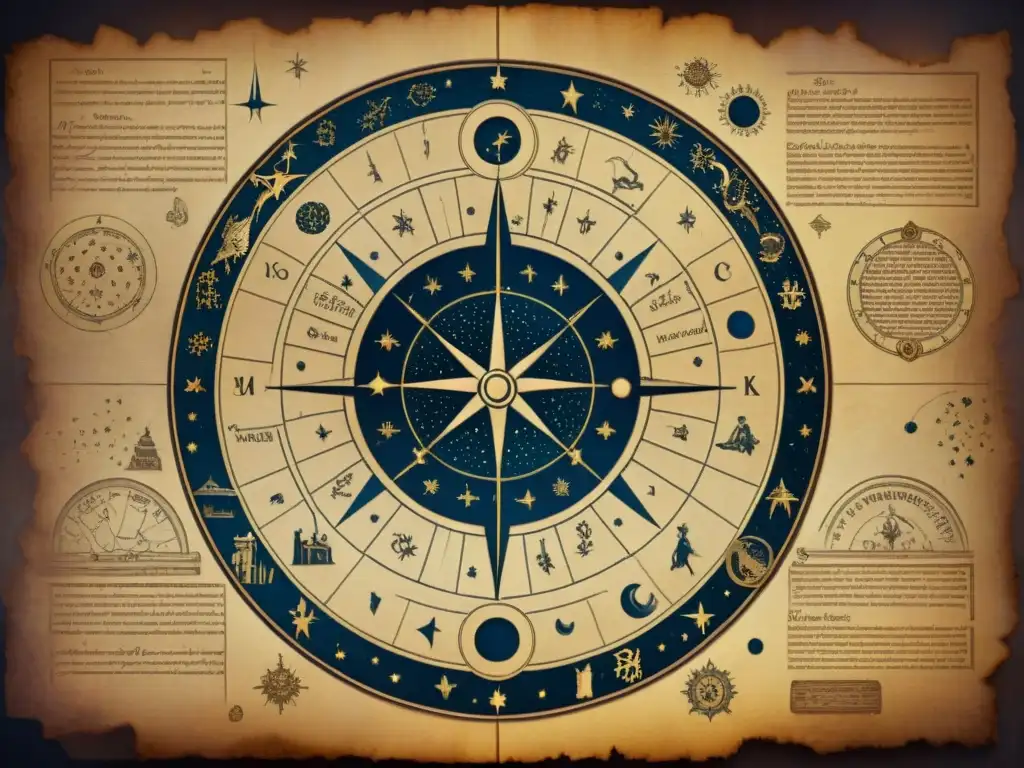 Detallado mapa celeste antiguo con ilustraciones de constelaciones y signos zodiacales en tonos sepia