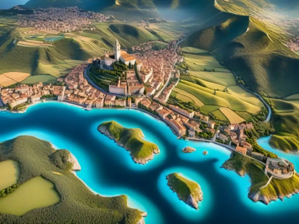 Mapa detallado sepia de ciudades italianas: arte, guerra y comercio Detallado mapa sepia de la evolución de la cartografía de ciudades italianas, fusionando arte, guerra y comercio