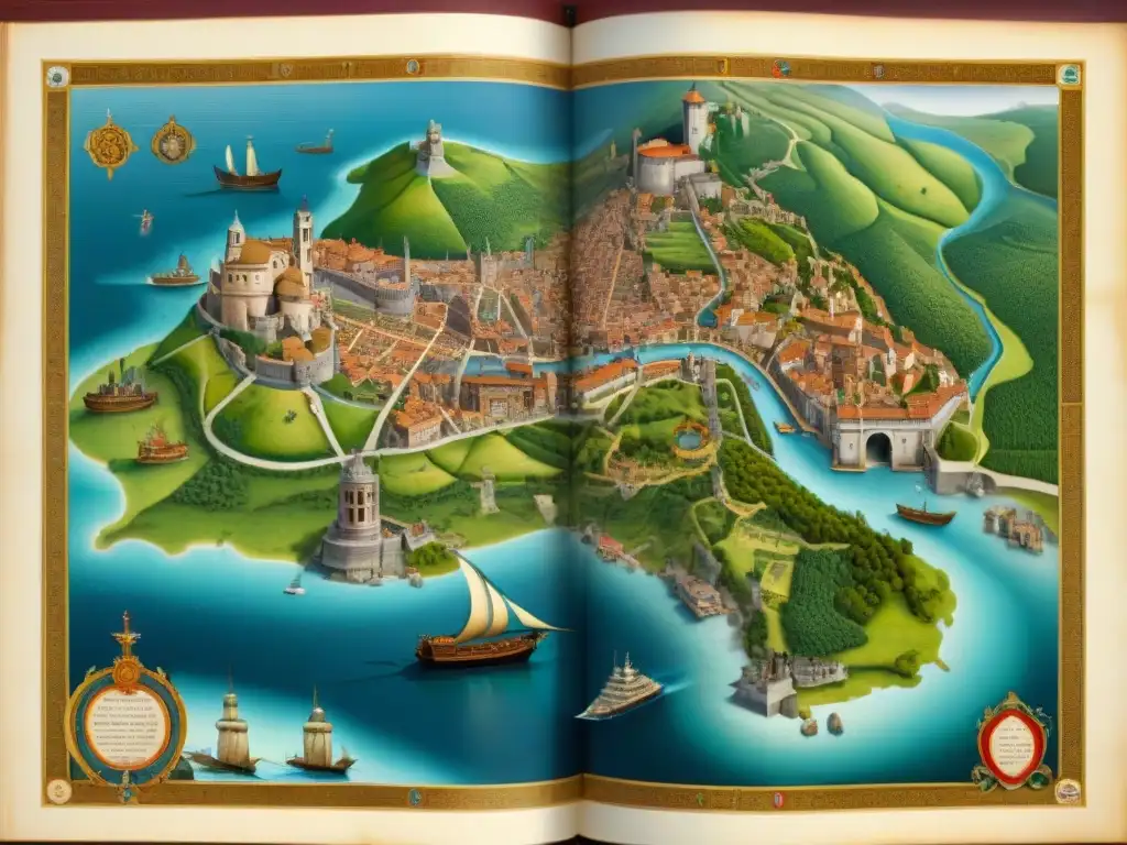 Mapa detallado de ciudades italianas renacentistas: arte, guerra y comercio Detallado mapa sepia de ciudades italianas renacentistas con elementos cartográficos, ilustraciones de barcos, mercaderes y soldados