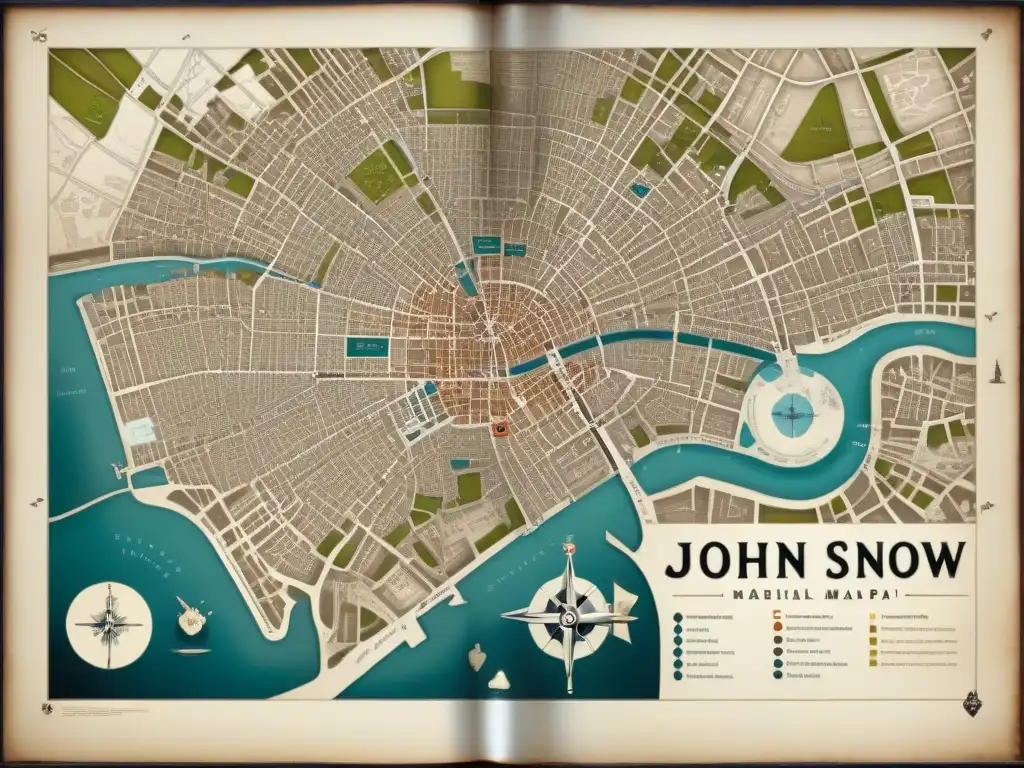 Detallado mapa epidemia John Snow en sepia, mostrando clusters alrededor de la bomba Broad Street en Londres