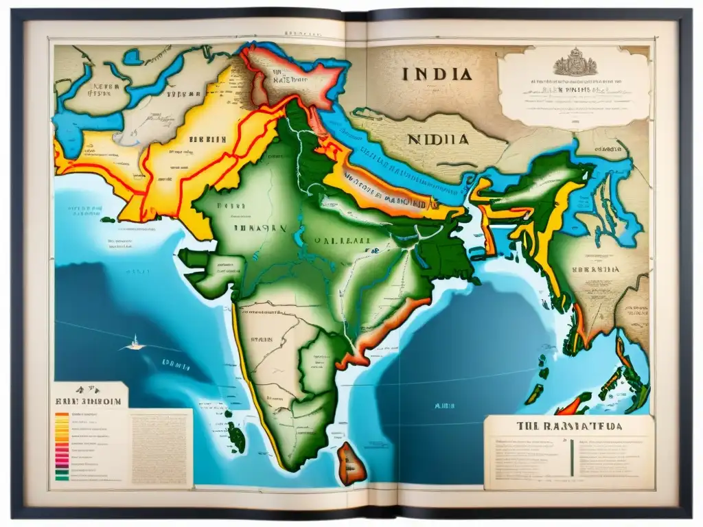 Detallado mapa sepia colonial de la India bajo dominio británico con fronteras e hitos, reflejo de la cartografía británica en la región