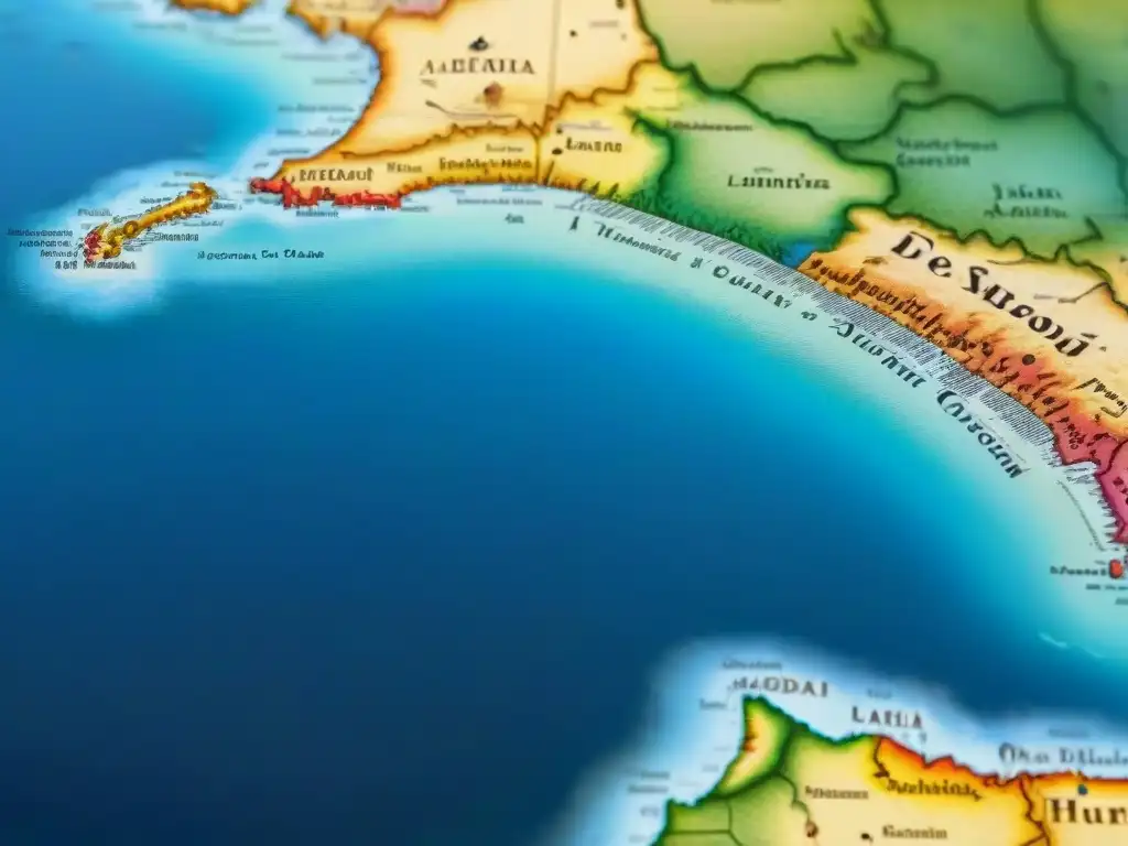 Mapa detallado de Juan de la Cosa: legado cartográfico Detallado mapa sepia de Juan de la Cosa, resaltando la costa y elementos de navegación