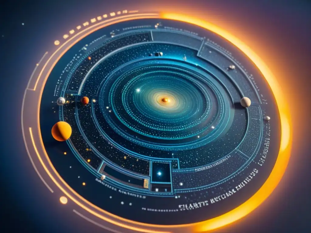 Un detallado mapa sepia del cosmos con constelaciones, planetas y símbolos astronómicos, conectados por líneas conceptuales