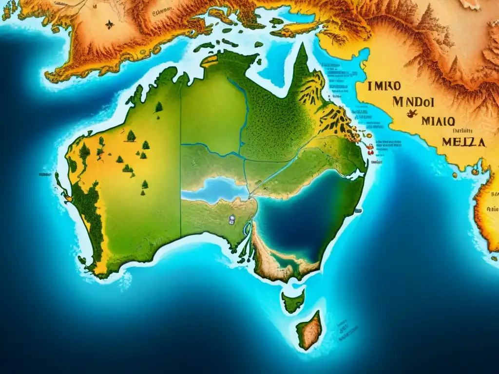 Un detallado mapa sepia mostrando las costas, montañas y ríos de Australia y Nueva Zelanda, destacando la evolución cartográfica en la región