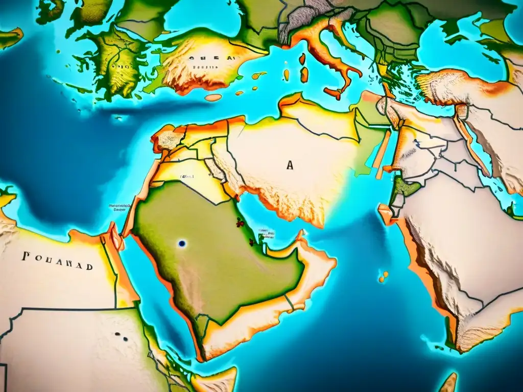 Detallado mapa sepia del Medio Oriente durante las Cruzadas, con ciudades antiguas, rutas comerciales y ejércitos medievales