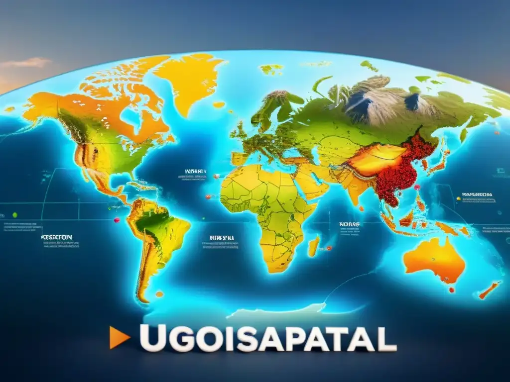 Mapa 3D detallado: Futuro del análisis geoespacial en negocios online Un detallado mapa 3D muestra datos de negocios online con análisis geoespacial