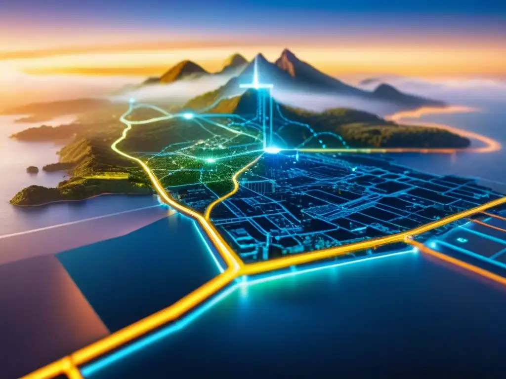 Un detallado mapa sepia que representa la evolución de la cartografía digital con redes de dispositivos y flujos de datos interconectados