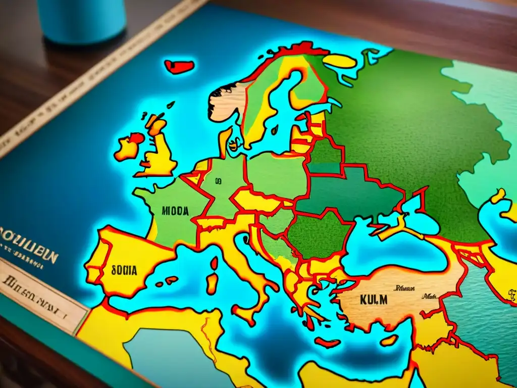 Detallado mapa europeo en sepia sobre mesa de madera, con marcas de exploración y fronteras, simbolizando la cartografía histórica