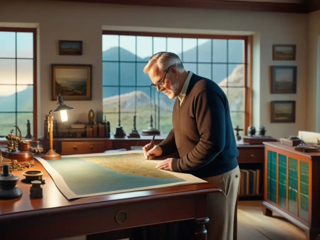 Un William Smith detallado dibuja su mapa geológico en un estudio del siglo XIX iluminado por la luz de una ventana