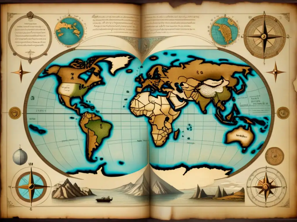 Detallado mapa sepia de herramientas antiguas de cartografía con brújulas, astrolabios y mapas en pergamino