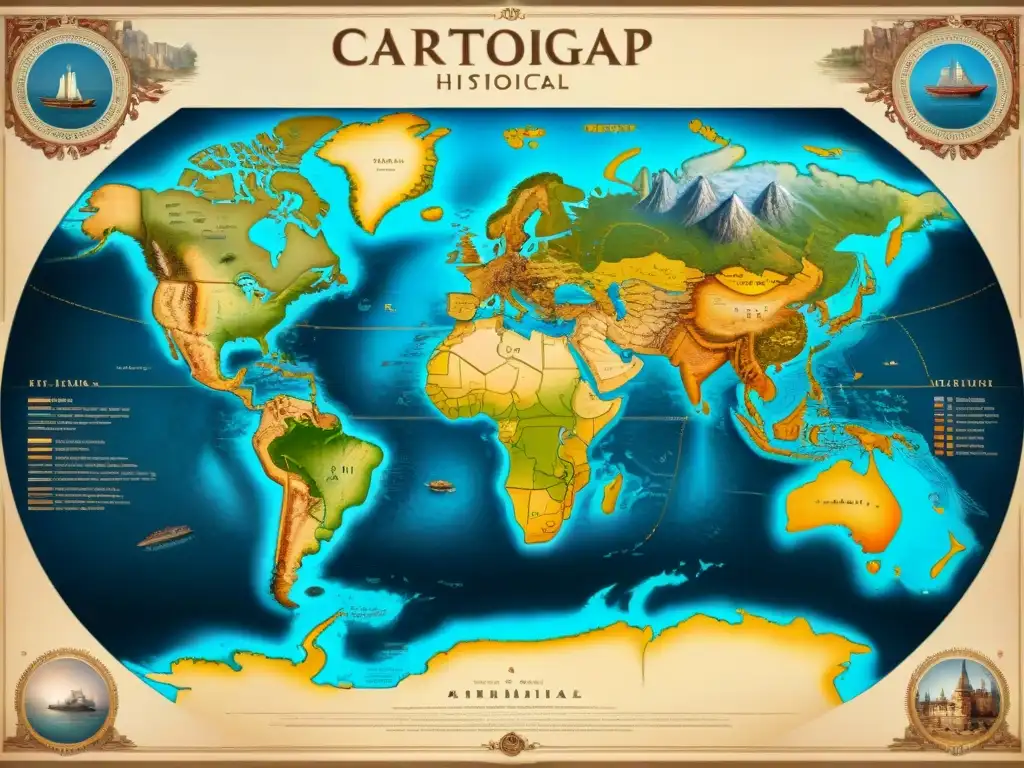 Detallado mapa histórico en sepia mostrando la evolución de la cartografía