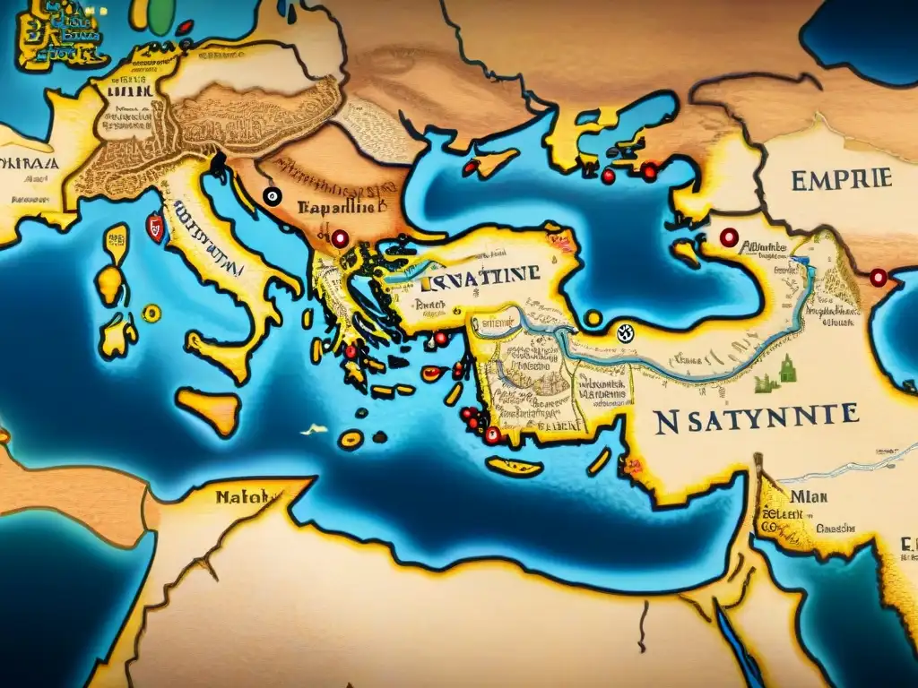 Detallado mapa sepia del Imperio Bizantino con fronteras, ciudades y rutas comerciales, escrituras griegas y latinas